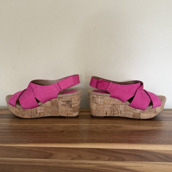 CLARKS Caslynn Diem Leather Slingback Wedge Sandal 8.5W Fuchsia nubuck pink EUC - Picture 6 of 15